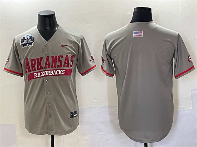 Men's Arkansas Razorbacks Blank Grey 2025 World Series & SEC Patch Stitched Jersey